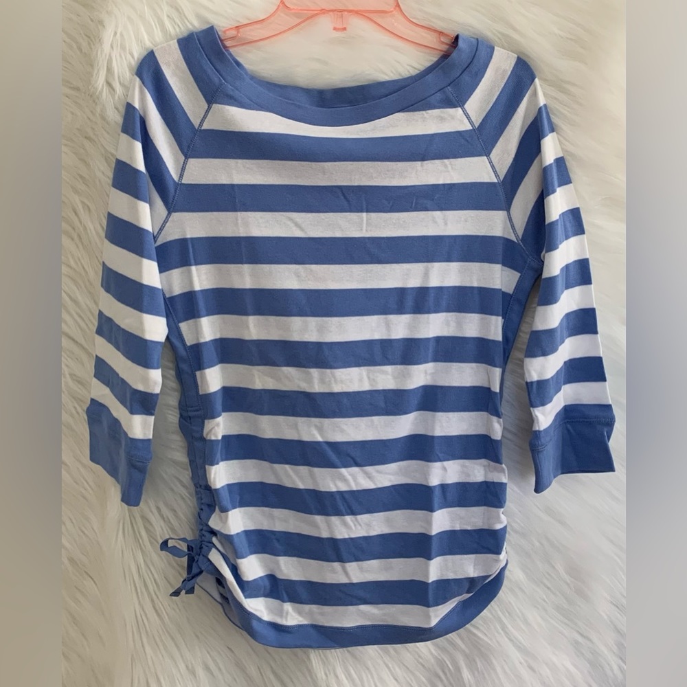 Lauren Ralph Lauren Blue and White Stripped shirt Boat Neck 3/4 Sleeve